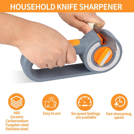 6-in-1 Rotary Knife Sharpener – Adjustable Multi-Function Sharpener for Knives, Scissors, Sushi & Bread Knives, Fast & Easy Sharpening Tool for Home Kitchen Use (Gray).