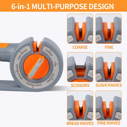 6-in-1 Rotary Knife Sharpener – Adjustable Multi-Function Sharpener for Knives, Scissors, Sushi & Bread Knives, Fast & Easy Sharpening Tool for Home Kitchen Use (Gray).