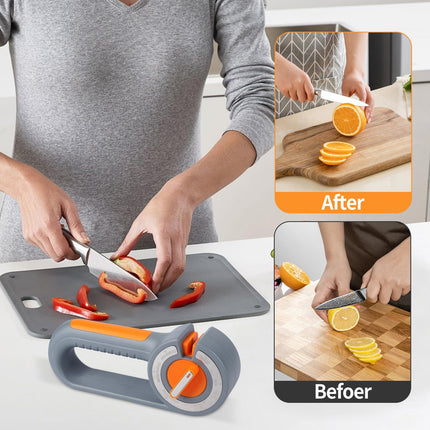 6-in-1 Rotary Knife Sharpener – Adjustable Multi-Function Sharpener for Knives, Scissors, Sushi & Bread Knives, Fast & Easy Sharpening Tool for Home Kitchen Use (Gray).