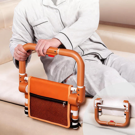 Adjustable Bed Rail for Elderly – Foldable Bedside Safety Grab Bar with Non-Slip Handle & Storage Pouch, Fits Twin to King Beds (Orange).