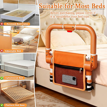 Adjustable Bed Rail for Elderly – Foldable Bedside Safety Grab Bar with Non-Slip Handle & Storage Pouch, Fits Twin to King Beds (Orange).