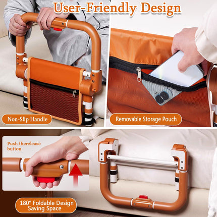 Adjustable Bed Rail for Elderly – Foldable Bedside Safety Grab Bar with Non-Slip Handle & Storage Pouch, Fits Twin to King Beds (Orange).