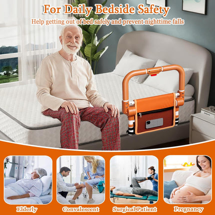 Adjustable Bed Rail for Elderly – Foldable Bedside Safety Grab Bar with Non-Slip Handle & Storage Pouch, Fits Twin to King Beds (Orange).
