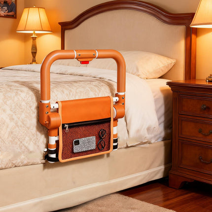 Adjustable Bed Rail for Elderly – Foldable Bedside Safety Grab Bar with Non-Slip Handle & Storage Pouch, Fits Twin to King Beds (Orange).