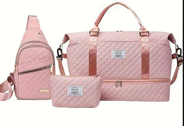 Women’s 3-Piece Travel Bag Set – Large Duffel, Crossbody Backpack & Toiletry Pouch for Gym, Maternity and Weekend Getaways (Pink)  | Other Colors Available in Store.