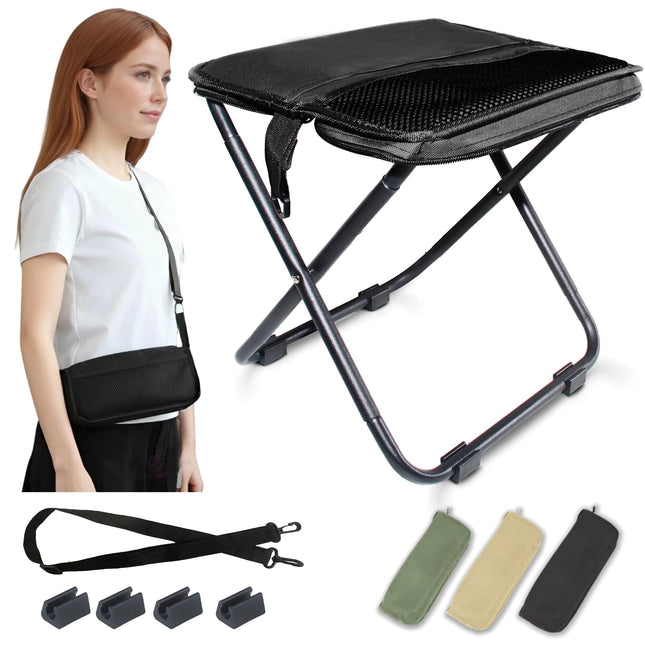 Black Portable Folding Chair – Compact Outdoor Stool for Camping, Fishing & Hiking | Lightweight Collapsible Seat with Carry Bag | Durable Steel Frame | Other Colours Available In-Store.