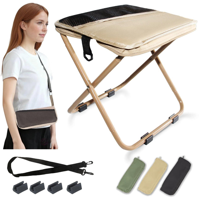 Khaki Portable Folding Chair – Compact Outdoor Stool for Camping, Fishing & Hiking | Lightweight Collapsible Seat with Carry Bag | Durable Steel Frame | Other Colours Available In-Store.