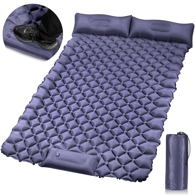 Double Camping Pad with Built-in Pillow: Foot Pump Inflatable Mattress for Tent/Backpacking – Ultralight, Foldable (Dark Blue).