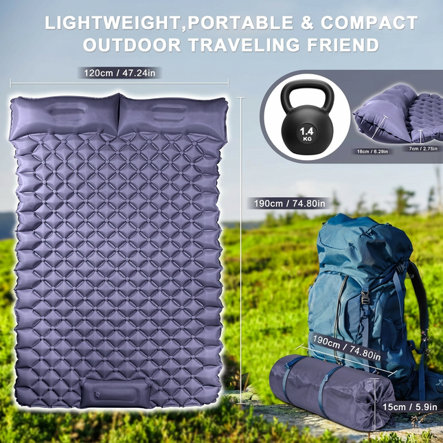 Double Camping Pad with Built-in Pillow: Foot Pump Inflatable Mattress for Tent/Backpacking – Ultralight, Foldable (Dark Blue).