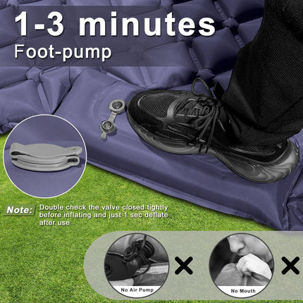 Double Camping Pad with Built-in Pillow: Foot Pump Inflatable Mattress for Tent/Backpacking – Ultralight, Foldable (Dark Blue).
