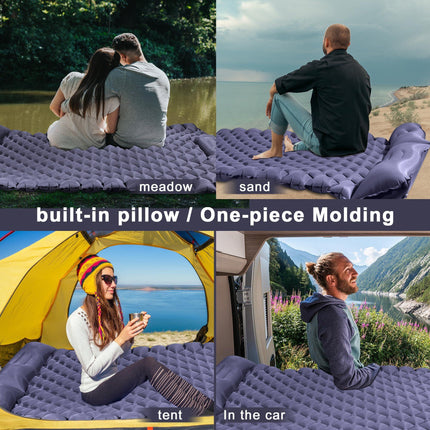 Double Camping Pad with Built-in Pillow: Foot Pump Inflatable Mattress for Tent/Backpacking – Ultralight, Foldable (Dark Blue).