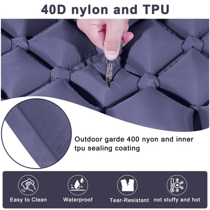 Double Camping Pad with Built-in Pillow: Foot Pump Inflatable Mattress for Tent/Backpacking – Ultralight, Foldable (Dark Blue).