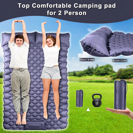 Double Camping Pad with Built-in Pillow: Foot Pump Inflatable Mattress for Tent/Backpacking – Ultralight, Foldable (Dark Blue).
