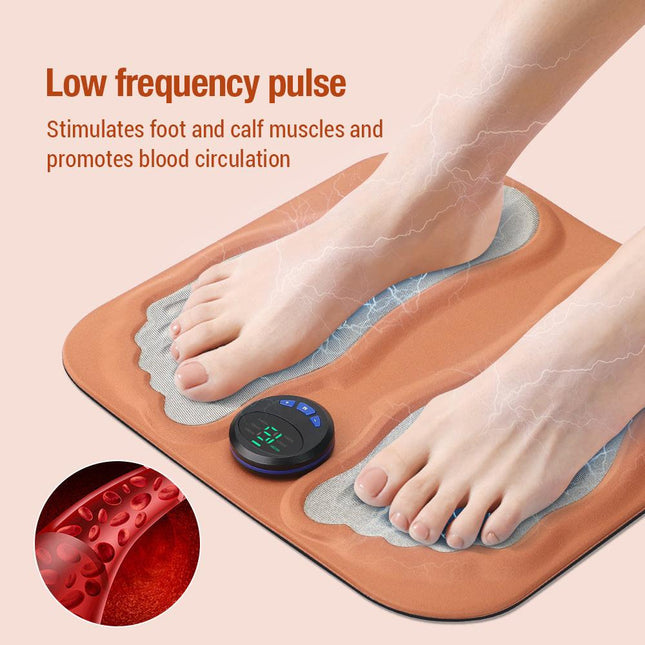 Smart Foot Massage Mat with 6 Modes & 15 Intensity Levels – Rechargeable Pulse Therapy Pad for Relaxation at Home, Office, or Travel (Orange).