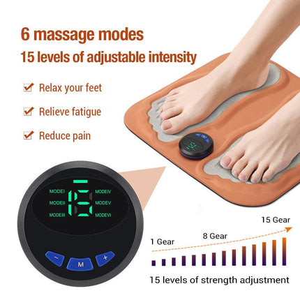 Smart Foot Massage Mat with 6 Modes & 15 Intensity Levels – Rechargeable Pulse Therapy Pad for Relaxation at Home, Office, or Travel (Orange).
