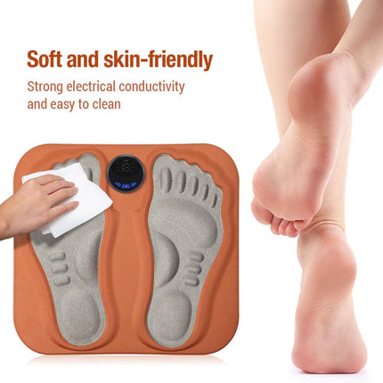 Smart Foot Massage Mat with 6 Modes & 15 Intensity Levels – Rechargeable Pulse Therapy Pad for Relaxation at Home, Office, or Travel (Orange).
