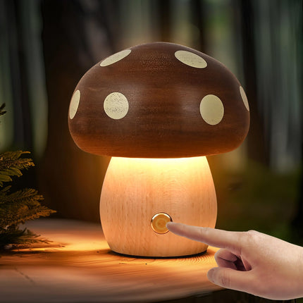 Touch Control Mushroom Night Light – Rechargeable Wooden Desk Lamp with 4 Brightness Levels, Soft Warm Glow for Baby Nursery, Bedroom, or Travel (Wooden Color).