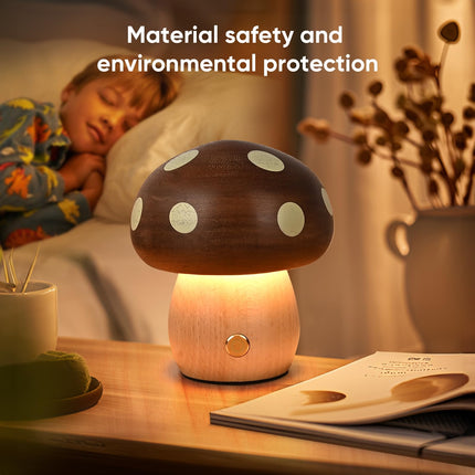 Touch Control Mushroom Night Light – Rechargeable Wooden Desk Lamp with 4 Brightness Levels, Soft Warm Glow for Baby Nursery, Bedroom, or Travel (Wooden Color).