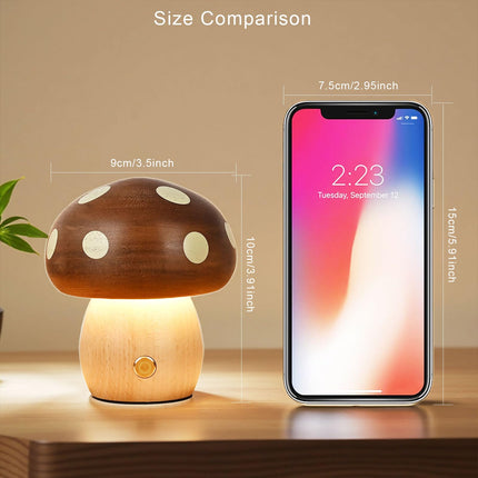 Touch Control Mushroom Night Light – Rechargeable Wooden Desk Lamp with 4 Brightness Levels, Soft Warm Glow for Baby Nursery, Bedroom, or Travel (Wooden Color).