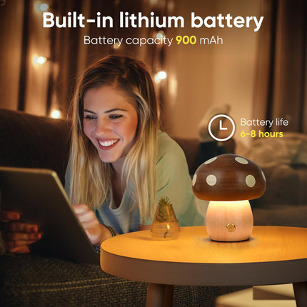 Touch Control Mushroom Night Light – Rechargeable Wooden Desk Lamp with 4 Brightness Levels, Soft Warm Glow for Baby Nursery, Bedroom, or Travel (Wooden Color).