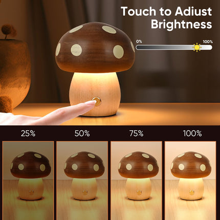 Touch Control Mushroom Night Light – Rechargeable Wooden Desk Lamp with 4 Brightness Levels, Soft Warm Glow for Baby Nursery, Bedroom, or Travel (Wooden Color).