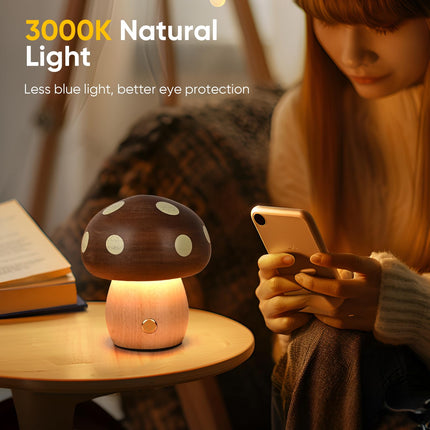 Touch Control Mushroom Night Light – Rechargeable Wooden Desk Lamp with 4 Brightness Levels, Soft Warm Glow for Baby Nursery, Bedroom, or Travel (Wooden Color).