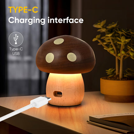 Touch Control Mushroom Night Light – Rechargeable Wooden Desk Lamp with 4 Brightness Levels, Soft Warm Glow for Baby Nursery, Bedroom, or Travel (Wooden Color).