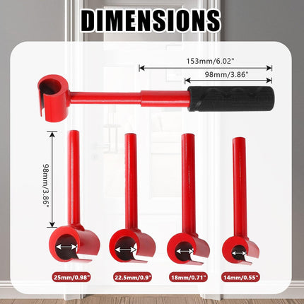 4-in-1 Door Hinge Adjustment Tool – Heavy-Duty Carbon Steel Wrench with Interchangeable Heads for 14mm/0.55" to 25mm/0.98" Hinges, 153mm/6.02" Length (Red).