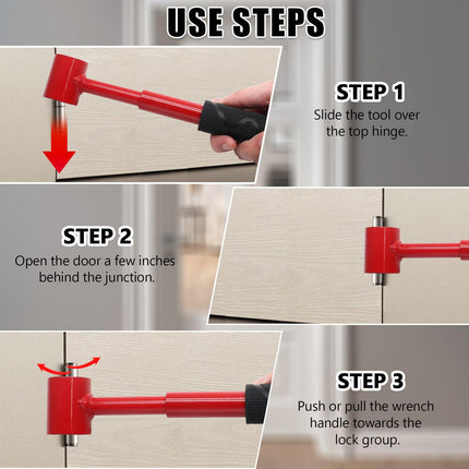 4-in-1 Door Hinge Adjustment Tool – Heavy-Duty Carbon Steel Wrench with Interchangeable Heads for 14mm/0.55" to 25mm/0.98" Hinges, 153mm/6.02" Length (Red).