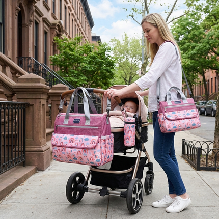 Newborn Diaper Bag Set with Changing Pad – 4-Piece Baby Organizer, Large Capacity Mom Backpack, Insulated Bottle Sleeve & Lunch Bag, Travel Diaper Bag for Moms (Red).