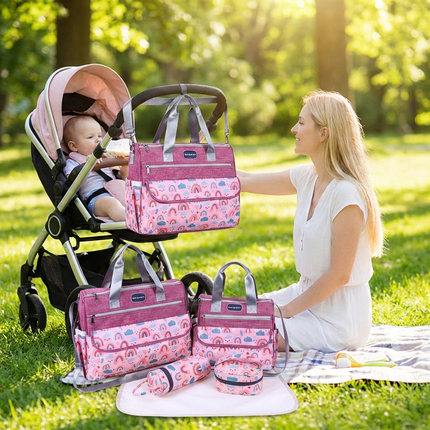 Newborn Diaper Bag Set with Changing Pad – 4-Piece Baby Organizer, Large Capacity Mom Backpack, Insulated Bottle Sleeve & Lunch Bag, Travel Diaper Bag for Moms (Red).