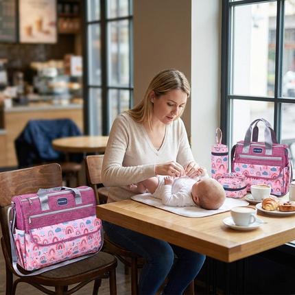 Newborn Diaper Bag Set with Changing Pad – 4-Piece Baby Organizer, Large Capacity Mom Backpack, Insulated Bottle Sleeve & Lunch Bag, Travel Diaper Bag for Moms (Red).
