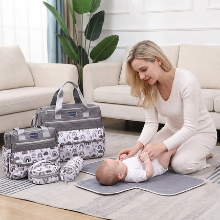 Newborn Diaper Bag Set with Changing Pad – 4-Piece Baby Organizer, Large Capacity Mom Backpack, Insulated Bottle Sleeve & Lunch Bag, Travel Diaper Bag for Moms (Grey).