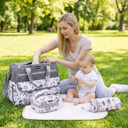 Newborn Diaper Bag Set with Changing Pad – 4-Piece Baby Organizer, Large Capacity Mom Backpack, Insulated Bottle Sleeve & Lunch Bag, Travel Diaper Bag for Moms (Grey).