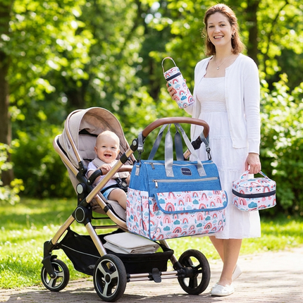 Newborn Diaper Bag Set with Changing Pad – 4-Piece Baby Organizer, Large Capacity Mom Backpack, Insulated Bottle Sleeve & Lunch Bag, Travel Diaper Bag for Moms (Blue).