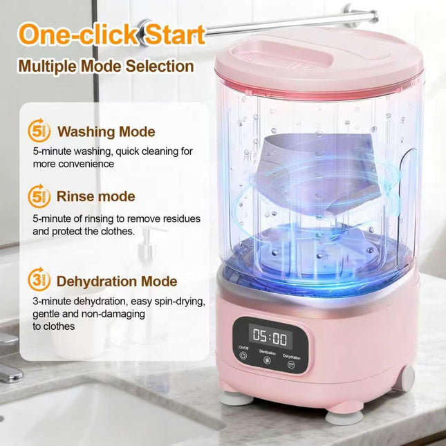 Portable Mini Washing Machine with Spin Dry & UV Sterilization – 3L Capacity, Wash, Rinse, Dehydrate, and Disinfect in One, Ideal for Underwear, Socks, Baby Clothes (Pink).
