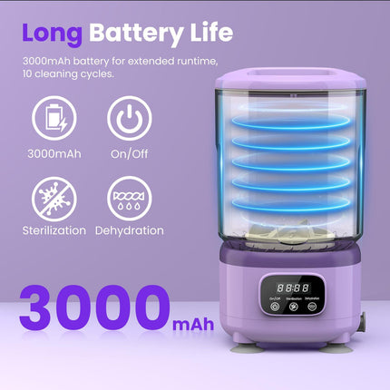 Portable Mini Washing Machine with Spin Dry & UV Sterilization – 3L Capacity, Wash, Rinse, Dehydrate, and Disinfect in One, Ideal for Underwear, Socks, Baby Clothes (Purple).