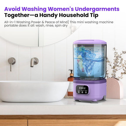 Portable Mini Washing Machine with Spin Dry & UV Sterilization – 3L Capacity, Wash, Rinse, Dehydrate, and Disinfect in One, Ideal for Underwear, Socks, Baby Clothes (Purple).