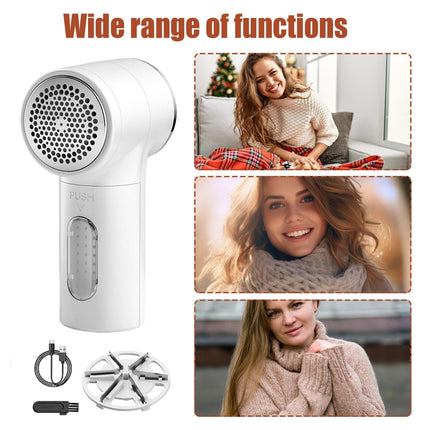 Fabric Shaver with 6 Stainless Steel Blades – USB Rechargeable Lint Remover for Sweaters, Blankets, Carpets & Furniture (White).