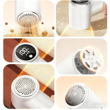 Fabric Shaver with 6 Stainless Steel Blades – USB Rechargeable Lint Remover for Sweaters, Blankets, Carpets & Furniture (White).