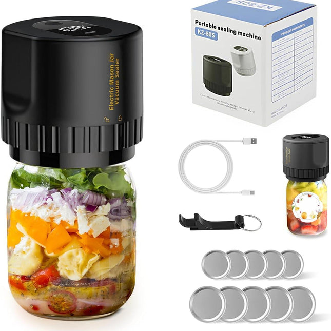 Black Electric Mason Jar Vacuum Sealer Kit – Portable Automatic Vacuum Sealing Machine with 80kPa Suction & Reusable Lids for Wide & Regular Mouth Jars.