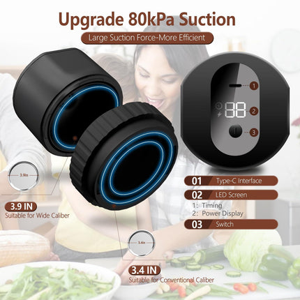 Black Electric Mason Jar Vacuum Sealer Kit – Portable Automatic Vacuum Sealing Machine with 80kPa Suction & Reusable Lids for Wide & Regular Mouth Jars.