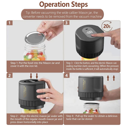 Black Electric Mason Jar Vacuum Sealer Kit – Portable Automatic Vacuum Sealing Machine with 80kPa Suction & Reusable Lids for Wide & Regular Mouth Jars.