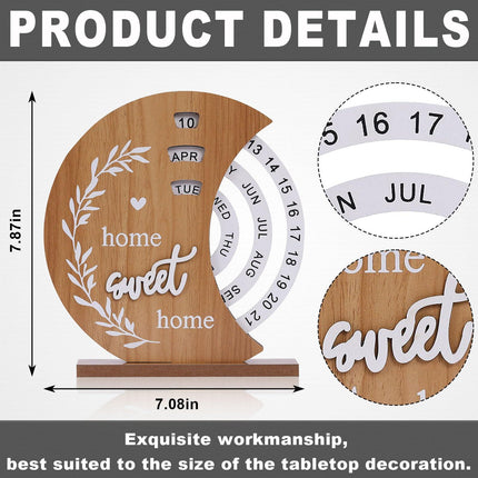 Wooden Perpetual Calendar with Rotating Discs – Elegant Desk Decor for Home & Office, “Home Sweet Home” Design (Natural Wood).