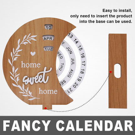 Wooden Perpetual Calendar with Rotating Discs – Elegant Desk Decor for Home & Office, “Home Sweet Home” Design (Natural Wood).