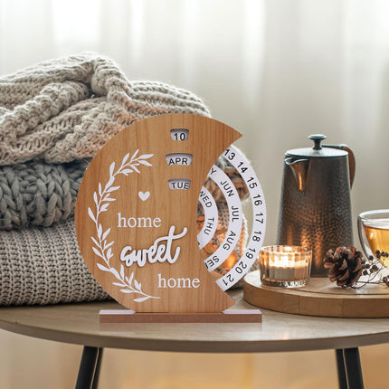 Wooden Perpetual Calendar with Rotating Discs – Elegant Desk Decor for Home & Office, “Home Sweet Home” Design (Natural Wood).