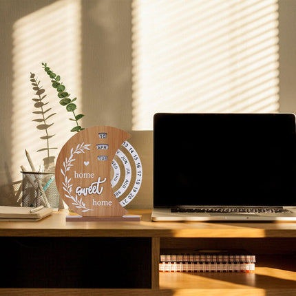 Wooden Perpetual Calendar with Rotating Discs – Elegant Desk Decor for Home & Office, “Home Sweet Home” Design (Natural Wood).