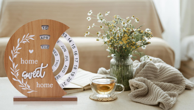 Wooden Perpetual Calendar with Rotating Discs – Elegant Desk Decor for Home & Office, “Home Sweet Home” Design (Natural Wood).