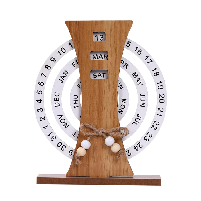 Wooden Perpetual Calendar with Rotating Discs – Elegant Desk Decor for Home & Office, Date Day Month Display (Natural Wood).