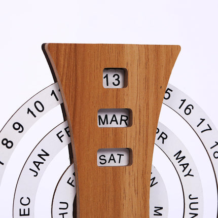 Wooden Perpetual Calendar with Rotating Discs – Elegant Desk Decor for Home & Office, Date Day Month Display (Natural Wood).